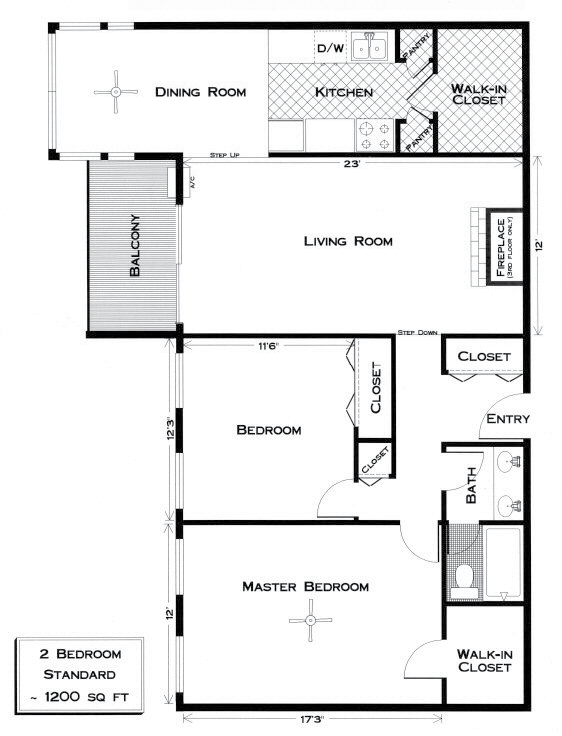 Floor plan for 2 beds, 1 bath, 1300 sqft